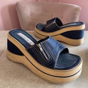Vintage Y2K 90s no boundaries denim platform wedges chunky foam sandal shoes